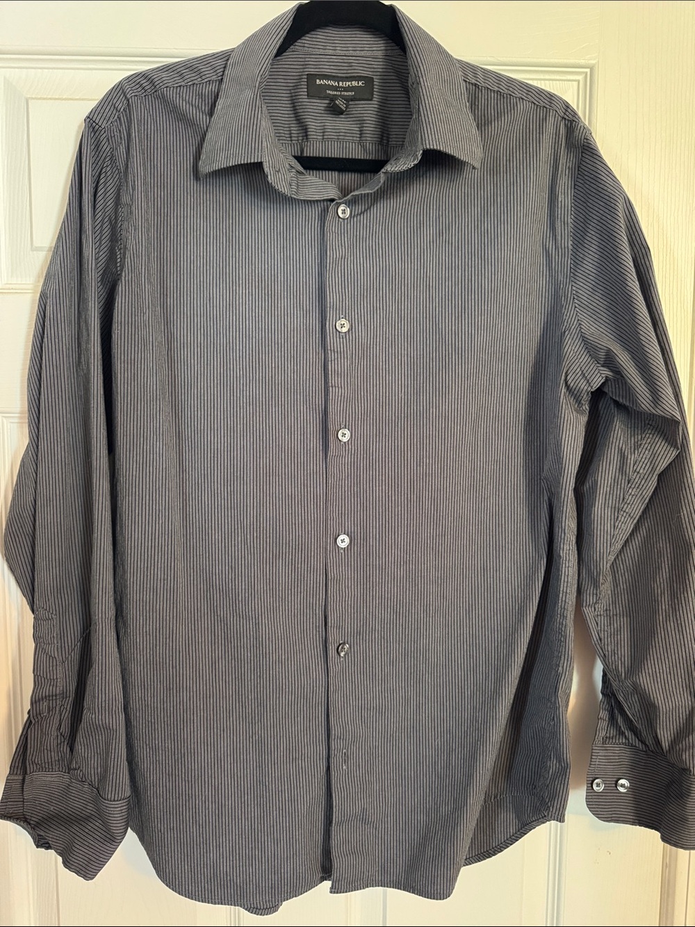 Banana Republic Men's Black and Gray Fine-Stripe Dress Shirt